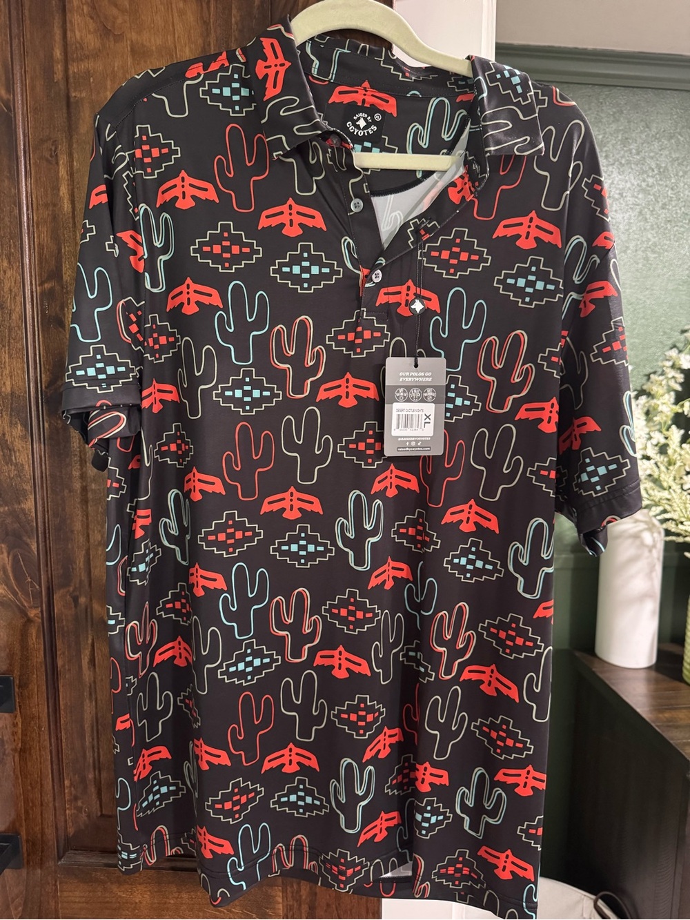 Men's Black Polo with Red & Teal Southwest Motif
